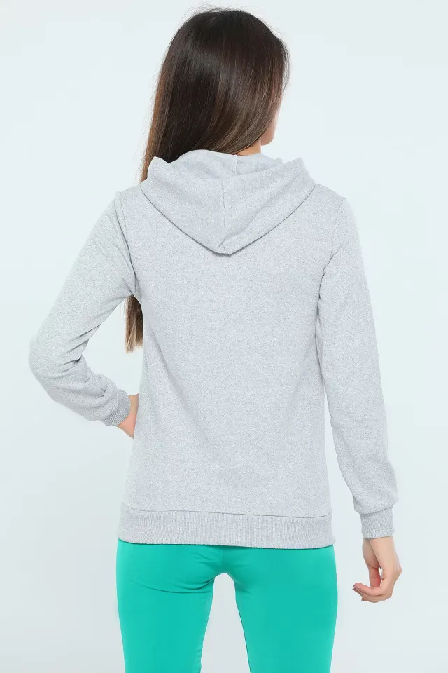 Kadın Kapüşonlu Fermuarlı Slim Fit Basic Sweatshirt Gri