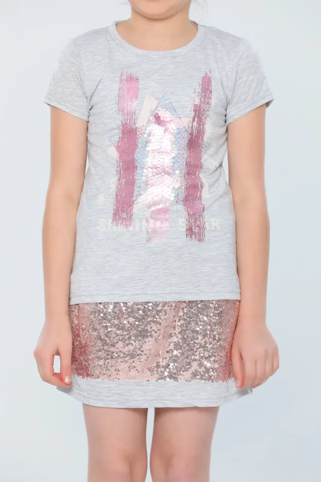 Kız Çocuk Likralı Pul Payetli T-shirt Etek İkili Takım GriPudra