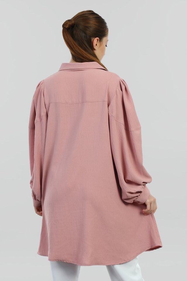 Kadın Balon Kol Klasik Tesettür Tunik Gömlek Gülkurusu