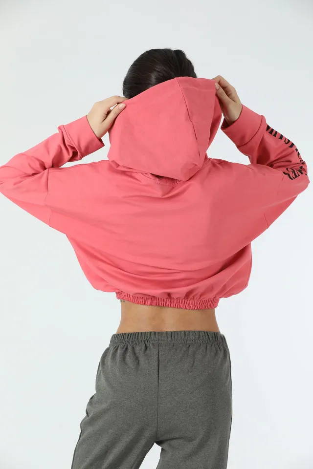 Kadın Kapüşonlu Önü Fermuar Detaylı Sweatshirt Gülkurusu