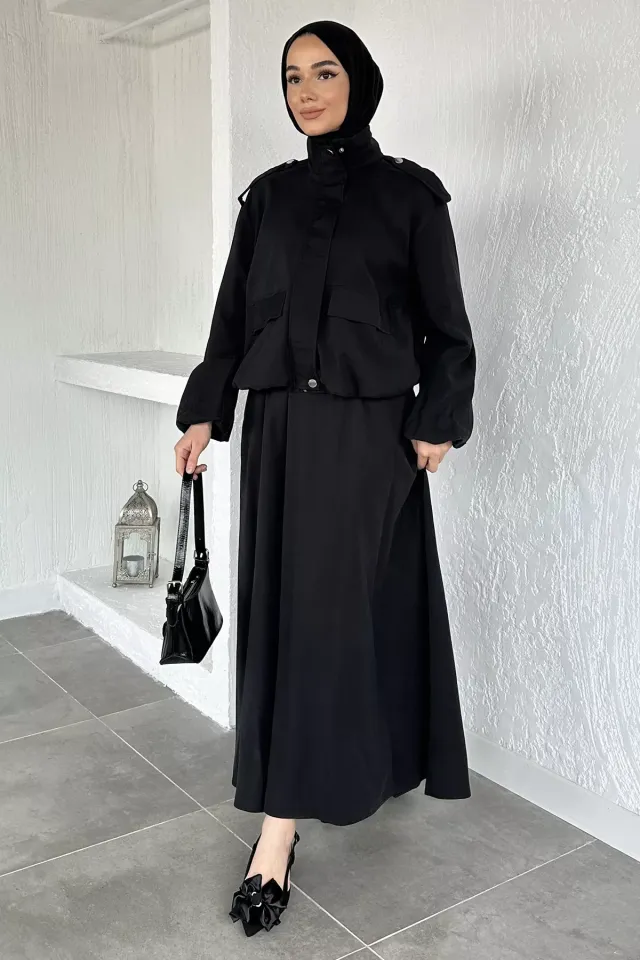 Gülseli Astarlı Ceket Etek Tesettür İkili Takım Siyah