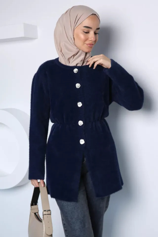 Gülseli Bel Büzgülü Tesettür Triko Ceket Lacivert