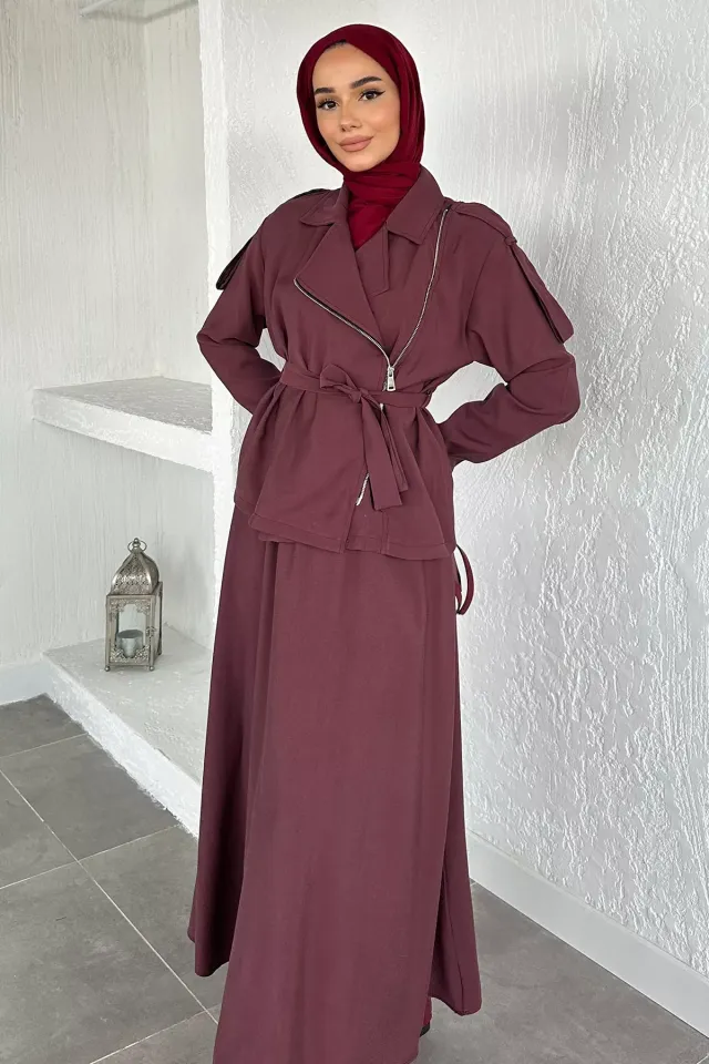 Gülseli Bel Lastikli Etek Ceket Tesettür İkili Takım Bordo