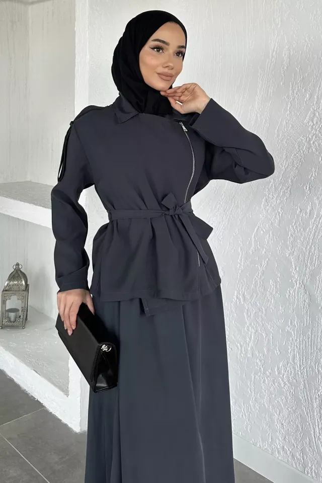 Gülseli Bel Lastikli Etek Ceket Tesettür İkili Takım Füme