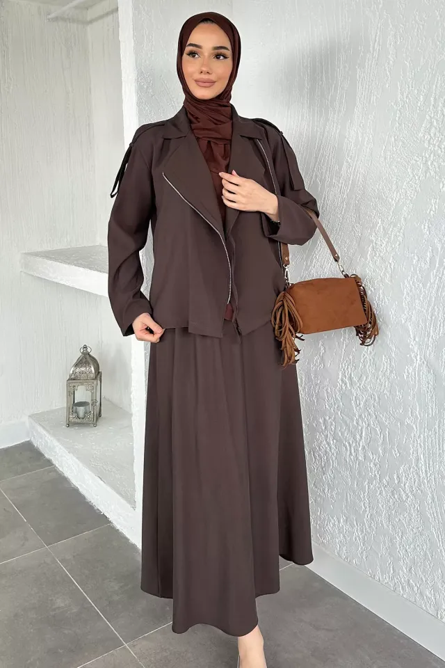 Gülseli Bel Lastikli Etek Ceket Tesettür İkili Takım Kahve