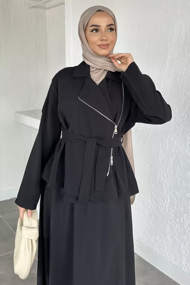 Gülseli Bel Lastikli Etek Ceket Tesettür İkili Takım Siyah