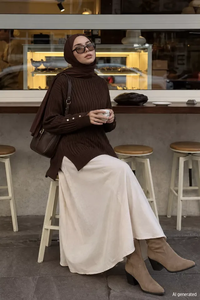 Gülseli Bisiklet Yaka Tesettür Triko Tunik Kahve