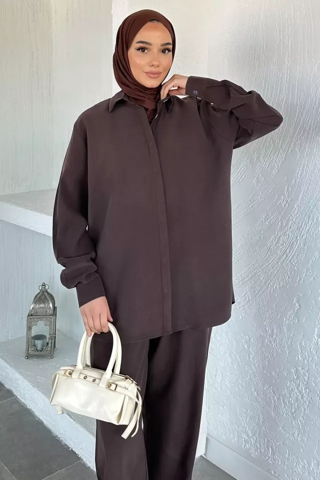 Gülseli Gömlek Bel Lastikli Pantolon Tesettür İkili Takım Kahve