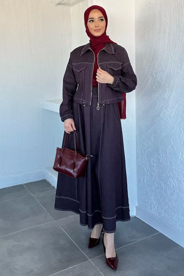 Gülseli Jean Kot Ceket Bel Lastikli Etek Tesettür İkili Takım Mürdüm