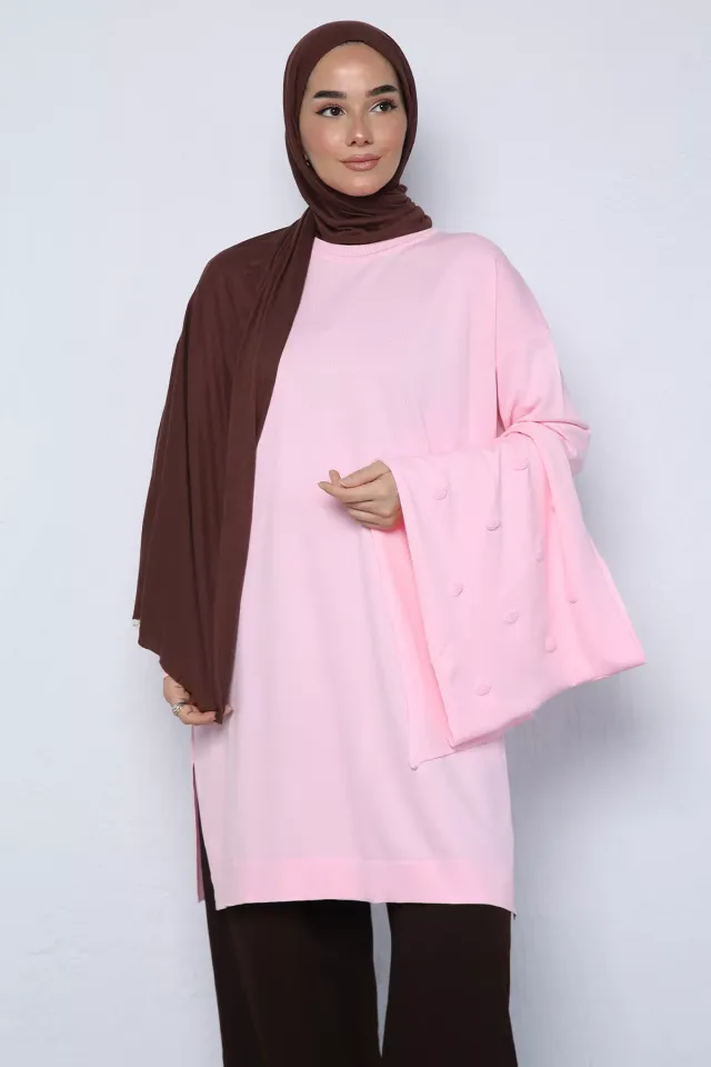 Gülseli Kadın Atkı Kombinli Tesettür Triko Tunik Pembe