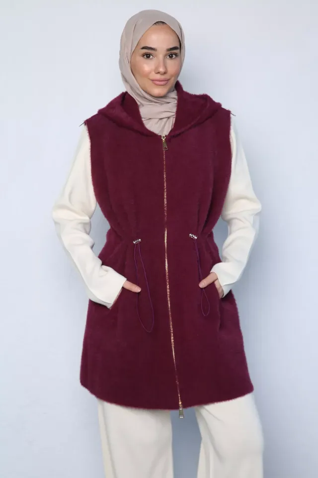 Gülseli Kadın Kapüşonlu Bel Lastikli Tesettür Triko Yelek Bordo