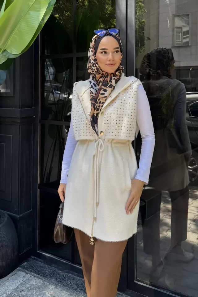 Gülseli Kadın Kapüşonlu Pul Payetli Tesettür Triko Yelek Krem