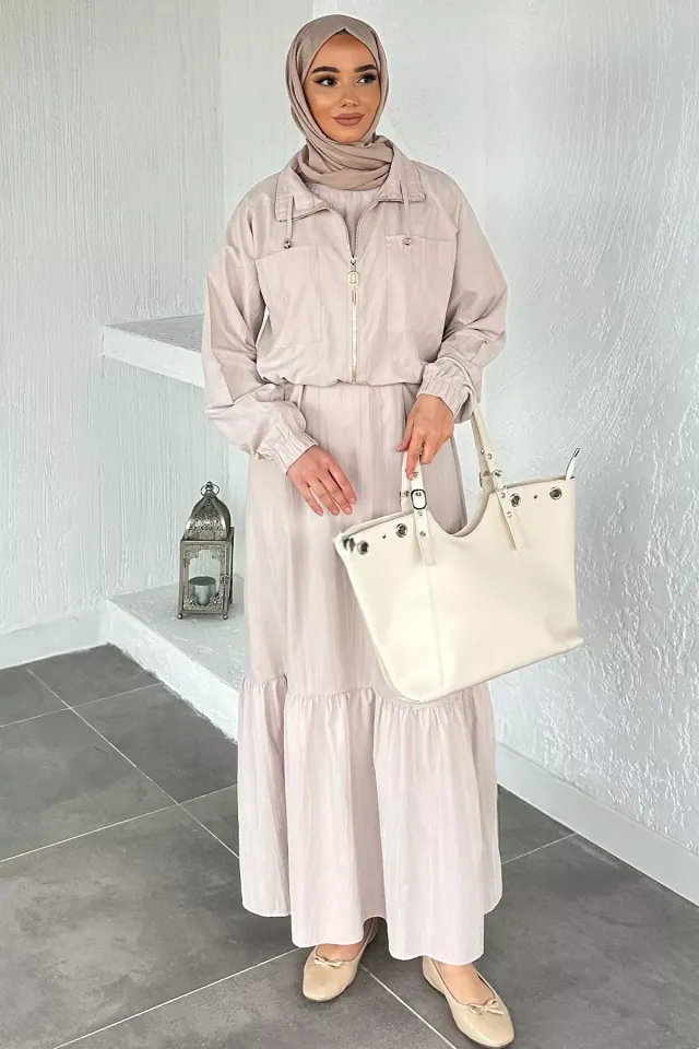 Gülseli Kadın Kolsuz Elbise Ceket Tesettür İkili Takım Taş