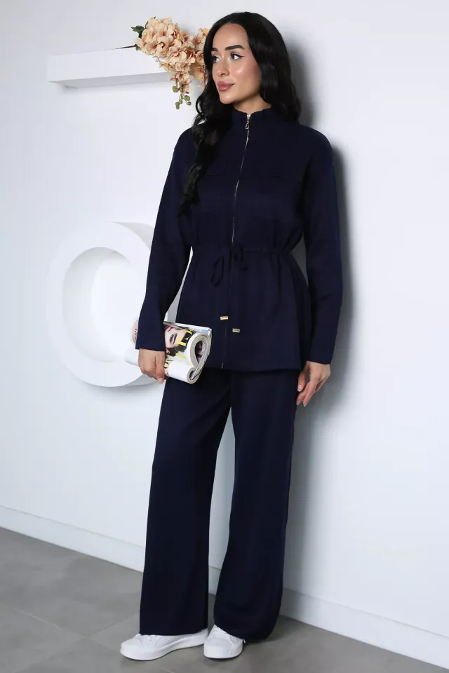 Gülseli Kadın Ön Fermuarlı Ceket Bel Lastikli Pantolon Tesettür Triko İkili Takım Lacivert