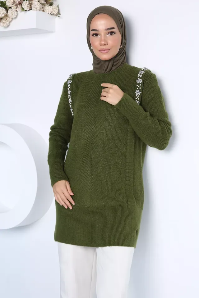 Gülseli Taş İşlemeli Tesettür Triko Tunik Haki