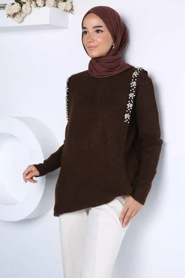 Gülseli Taş İşlemeli Tesettür Triko Tunik Kahve