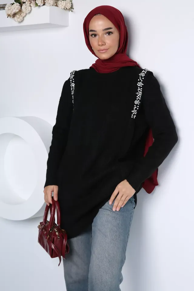 Gülseli Taş İşlemeli Tesettür Triko Tunik Siyah