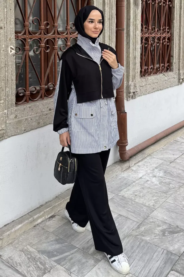 Gülseli Tesettür Kapüşonlu Tunik Bel Lastikli Pantolon İkili Takım Siyah