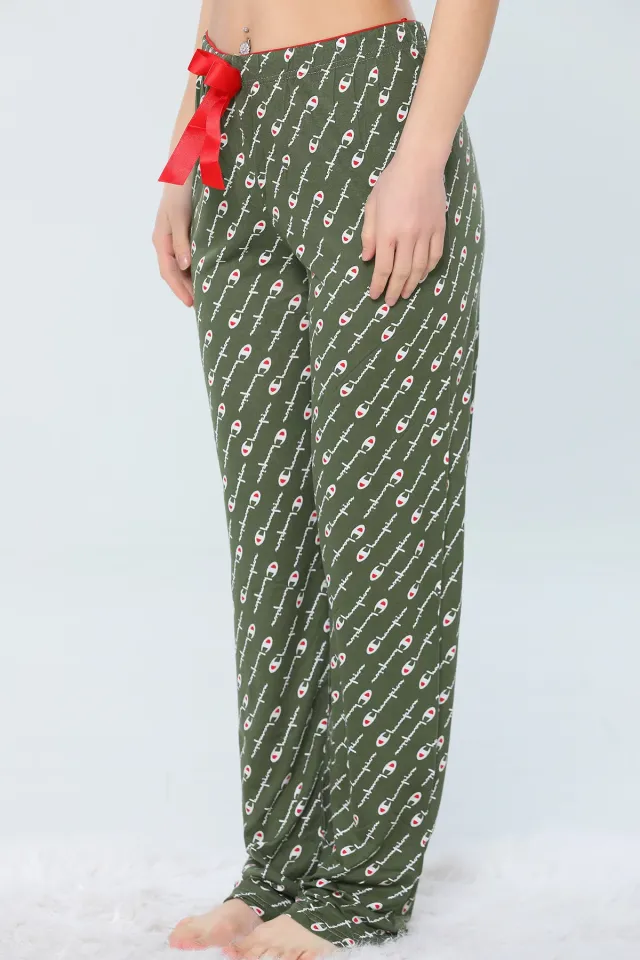Kadın Likralı Yüksek Bel Desenli Pijama Altı Haki