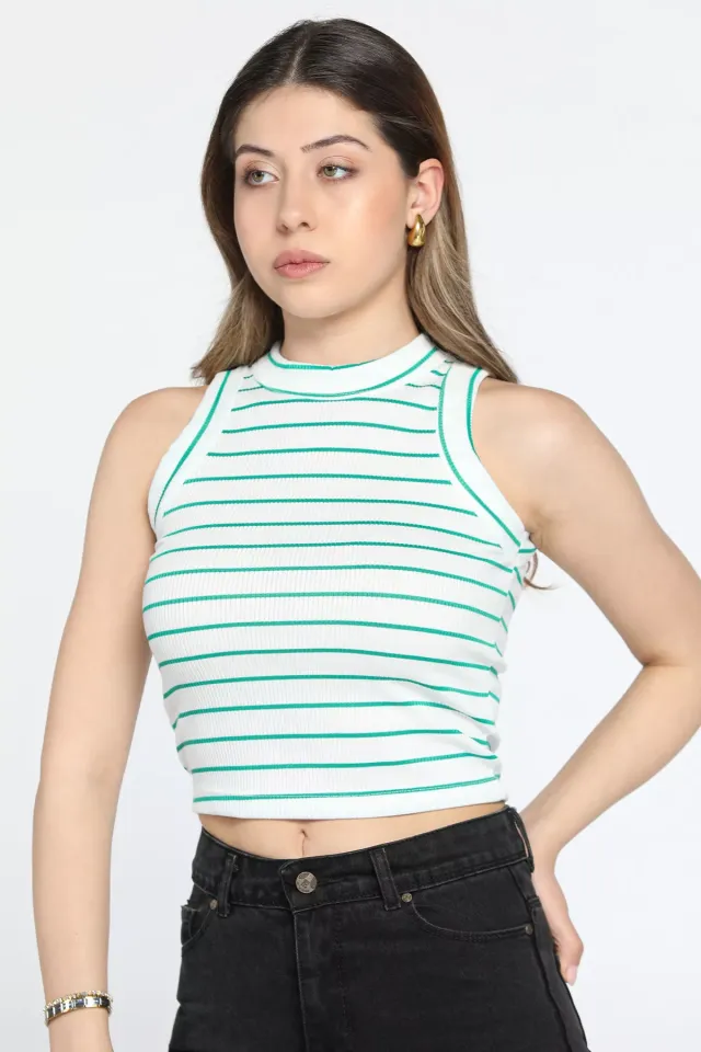 Halter Yaka Likralı Çizgi Desenli Kadın Crop Top Bluz Kremyeşil