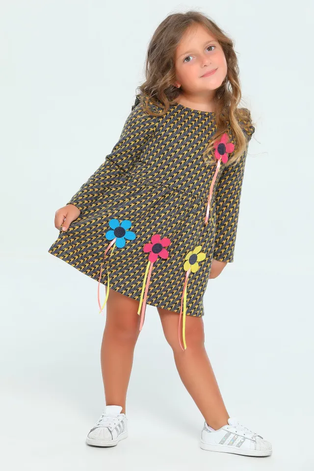 Kız Çocuk Likralı Desenli Elbise Hardal