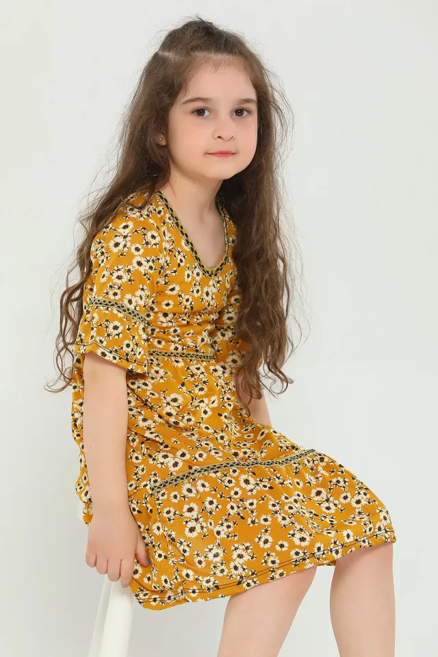 Kız Çocuk Likralı V Yaka Çiçek Desenli Elbise Hardal