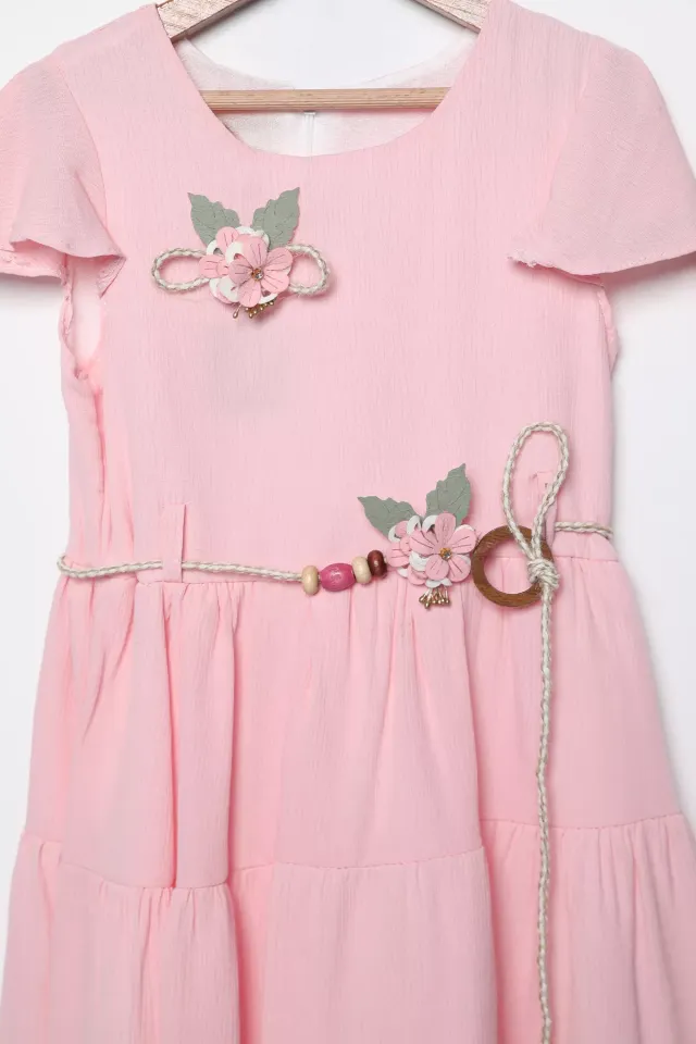 Hasır İp Kuşaklı Çiçek Motifli Astarlı Ve Fırfırlı Kız Çocuk Elbise Pembe
