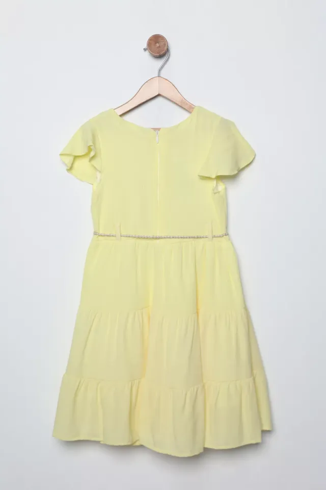 Hasır İp Kuşaklı Çiçek Motifli Astarlı Ve Fırfırlı Kız Çocuk Elbise Sarı