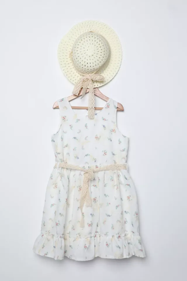 Hasır Kuşak Ve Şapkalı Çiçek Desenli Kız Çocuk Fırfırlı Elbise Kremorange