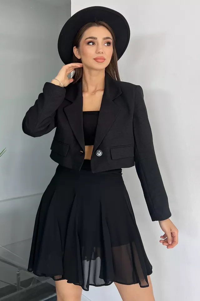 İç Astarlı Sahte Cep Detaylı Kadın Blazer Ceket Siyah
