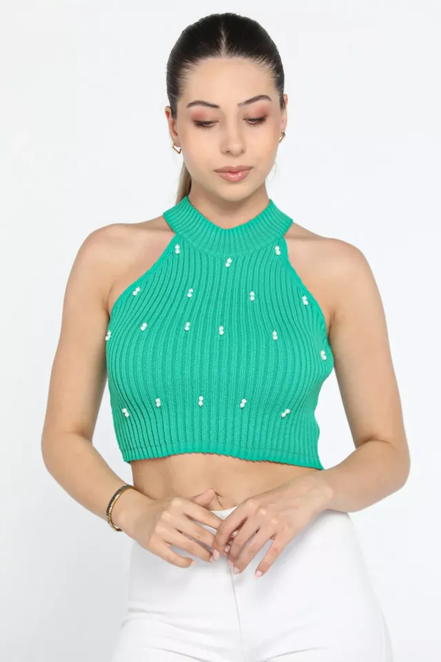 İnci Detaylı Mevsimlik Kadın Triko Crop Bluz Yeşil