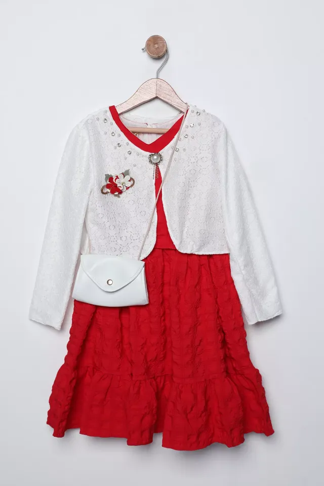 İnci Ve Taş İşlemeli Çiçek Motifli Kız Çocuk Elbise Hırka Çanta Üçlü Takım Kırmızı