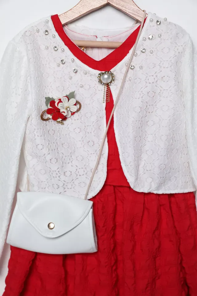 İnci Ve Taş İşlemeli Çiçek Motifli Kız Çocuk Elbise Hırka Çanta Üçlü Takım Kırmızı