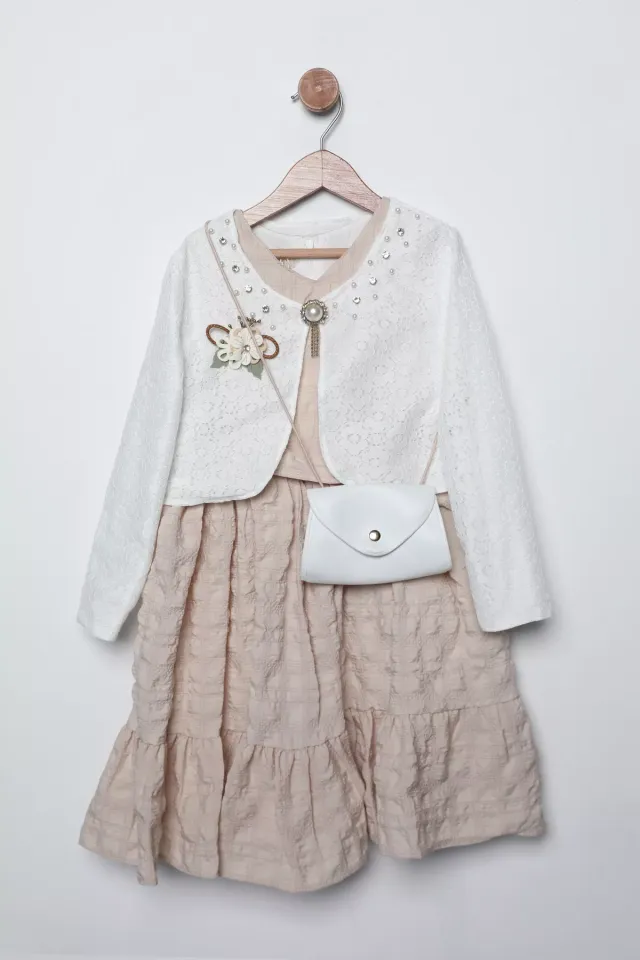 İnci Ve Taş İşlemeli Çiçek Motifli Kız Çocuk Elbise Hırka Çanta Üçlü Takım Mint