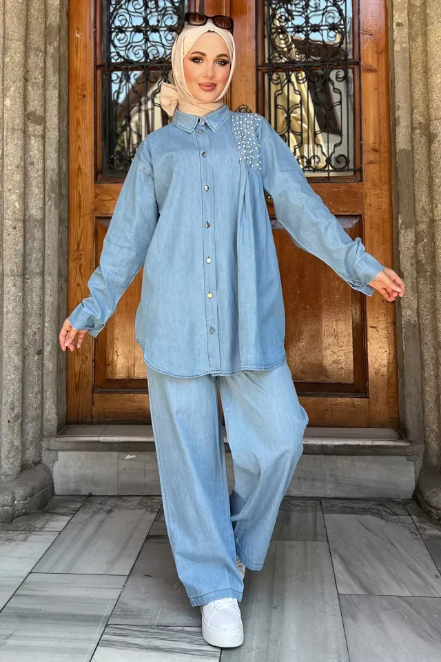 İnci Ve Taş İşlemeli Kot Gömlek Pantolon Tesettür İkili Takım Mavi