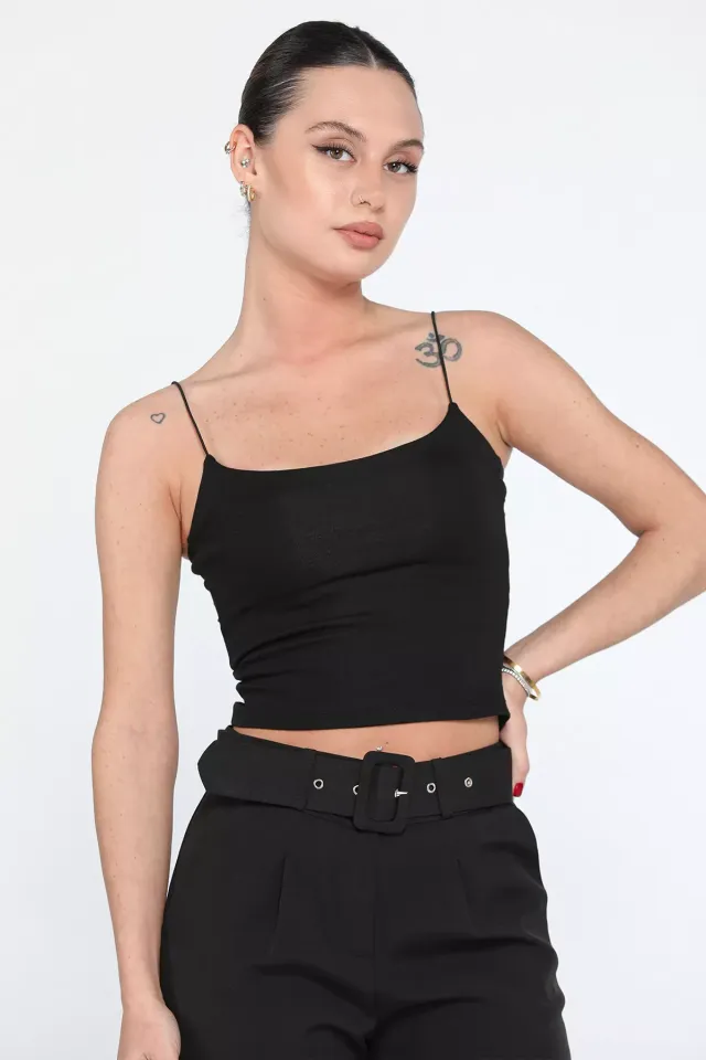 İp Askılı Likralı Kadın Crop Top Bluz Siyah