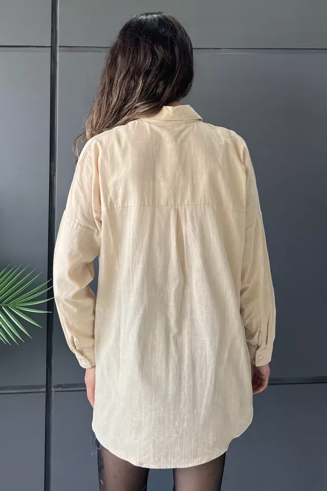 İşlemeli Kadın Oversize Gömlek Bej