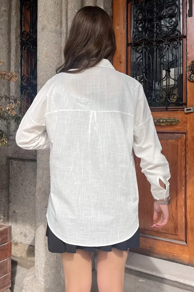 İşlemeli Kadın Oversize Gömlek Krem