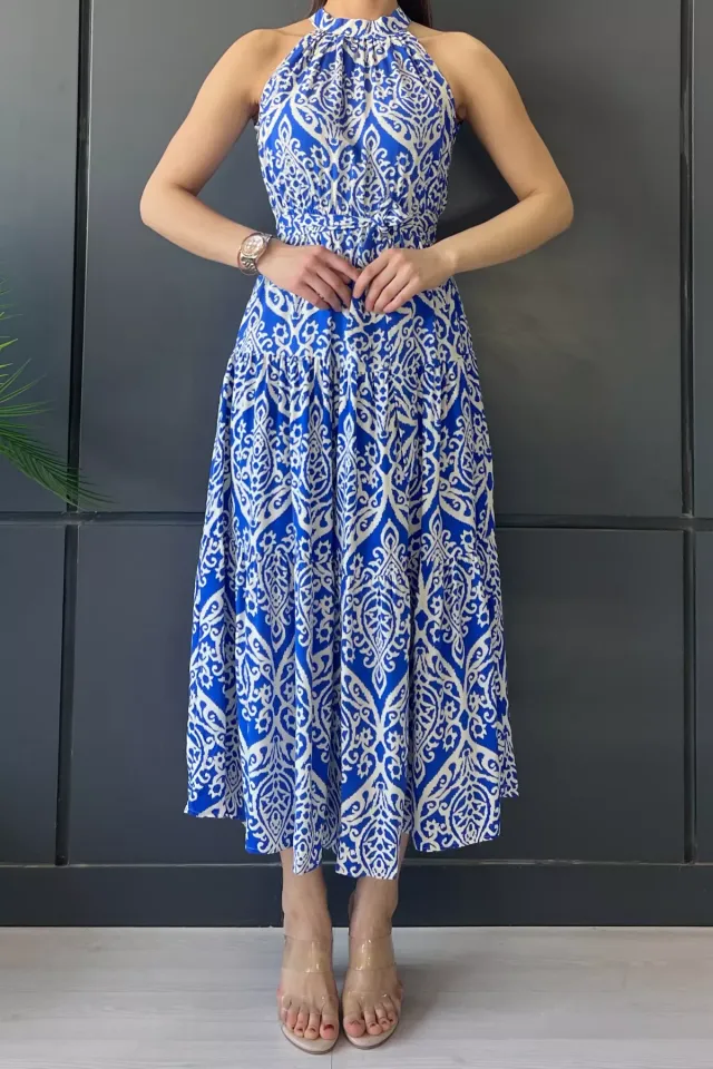 Japone Kol Bel Kuşaklı Fırfırlı Desenli Uzun Elbise Saksmavisi