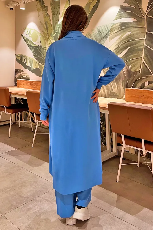 Japone Kol Bluz Palazzo Pantolon Maxi Boy Triko Hırka Üçlü Takım İndigo