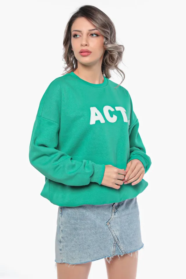 Kadın Act Kabartma Baskılı Şardonlu Sweatshirt Yeşil