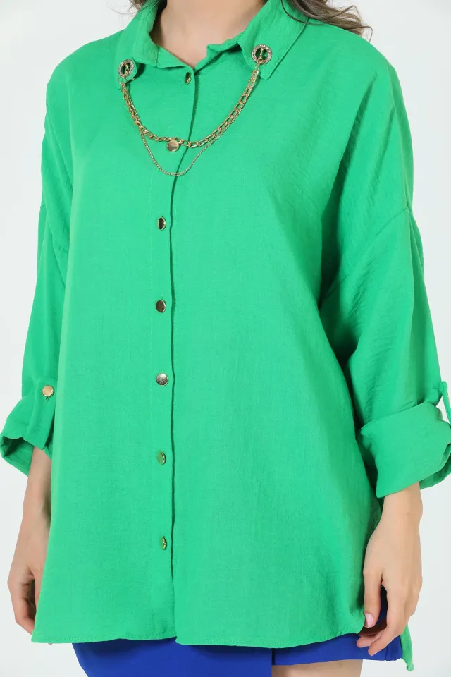 Kadın Aksesuar Detaylı Büyük Beden Gömlek Yeşil