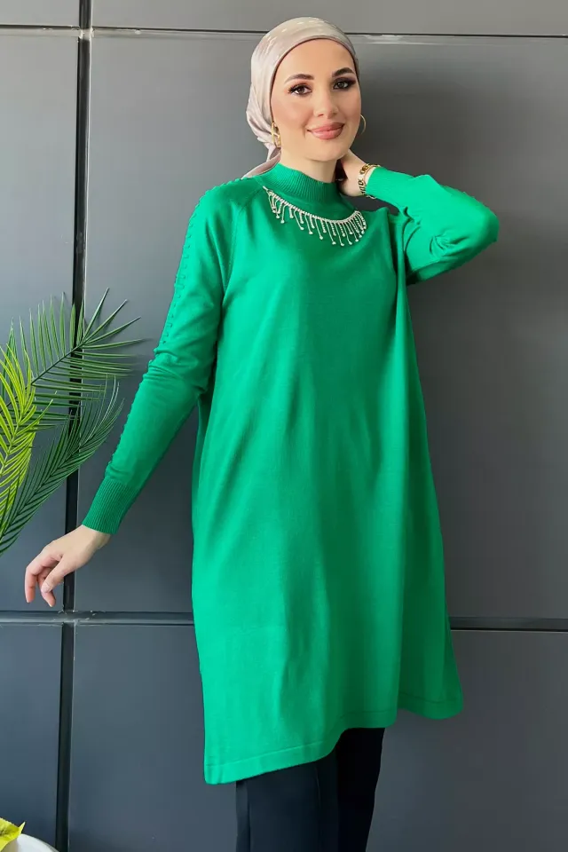 Kadın Aksesuar Detaylı Tesettür Triko Tunik Yeşil