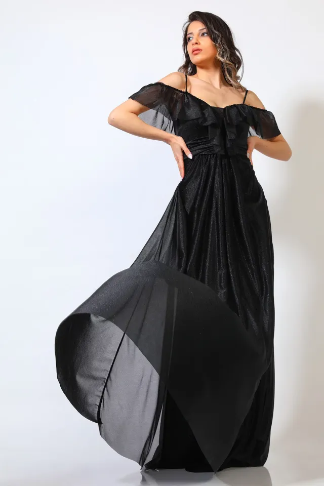 Kadın Askılı Simli Abiye Elbise Siyah