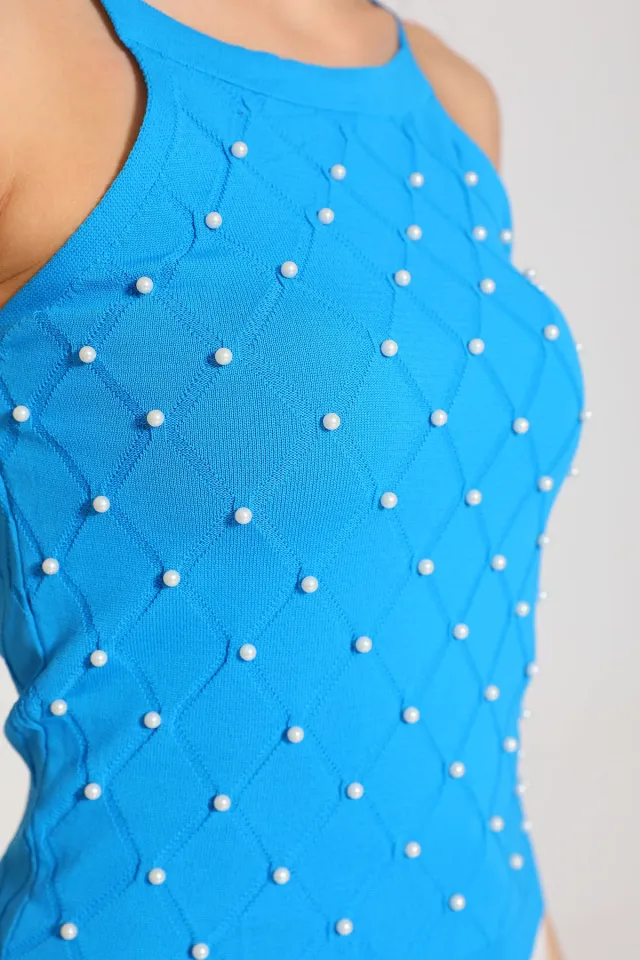 Kadın Askılı Taş Detaylı Mevsimlik Crop Triko Bluz Mavi