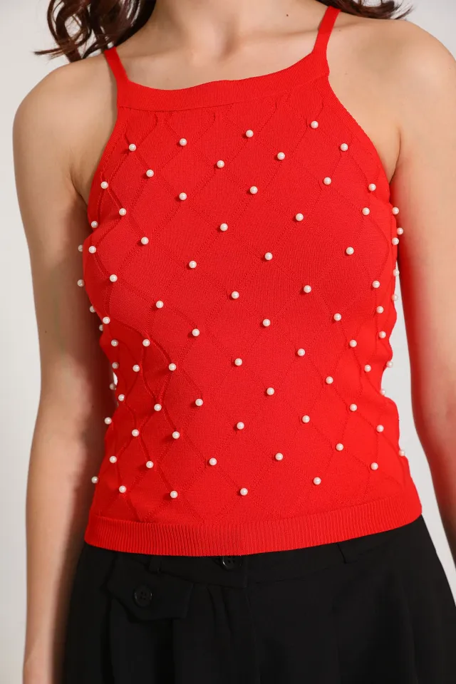 Kadın Askılı Taş Detaylı Mevsimlik Crop Triko Bluz Kırmızı