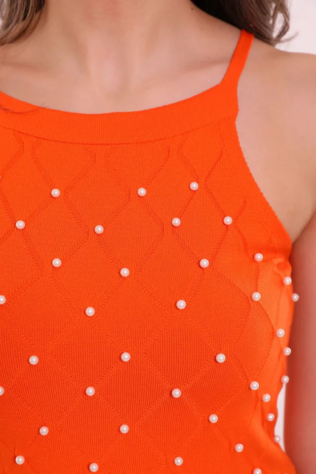 Kadın Askılı Taş Detaylı Mevsimlik Crop Triko Bluz Orange