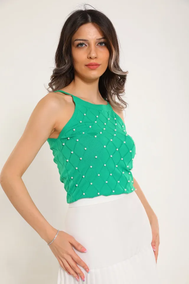 Kadın Askılı Taş Detaylı Mevsimlik Crop Triko Bluz Yeşil