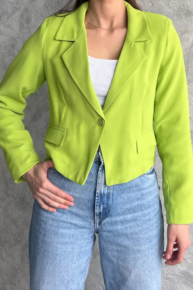 Kadın Astarlı Crop Blazer Ceket Fıstık Yeşili