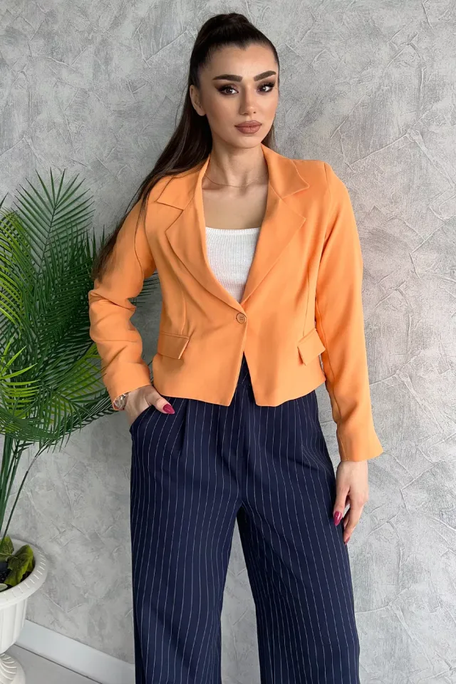 Kadın Astarlı Crop Blazer Ceket Somon